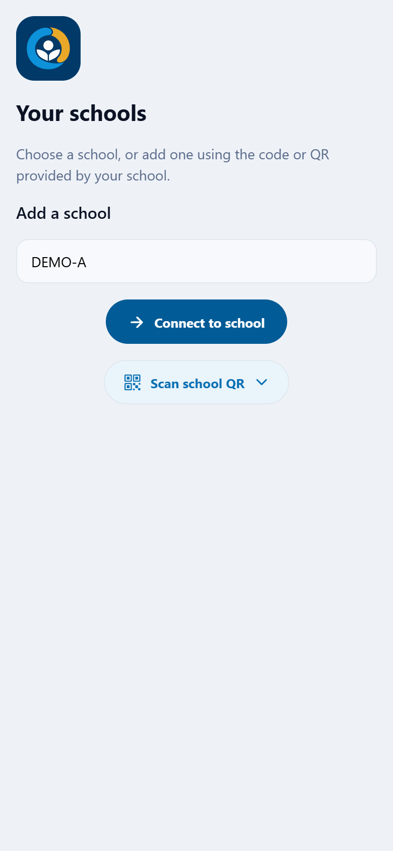 OmniSchool Your schools screen with the fictional DEMO-A school code entered