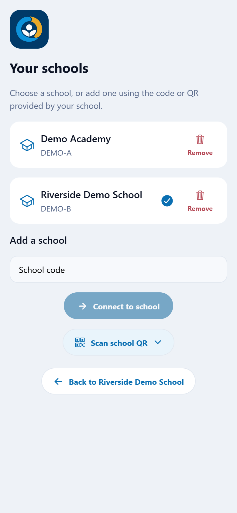 OmniSchool Your schools screen with two fictional saved schools