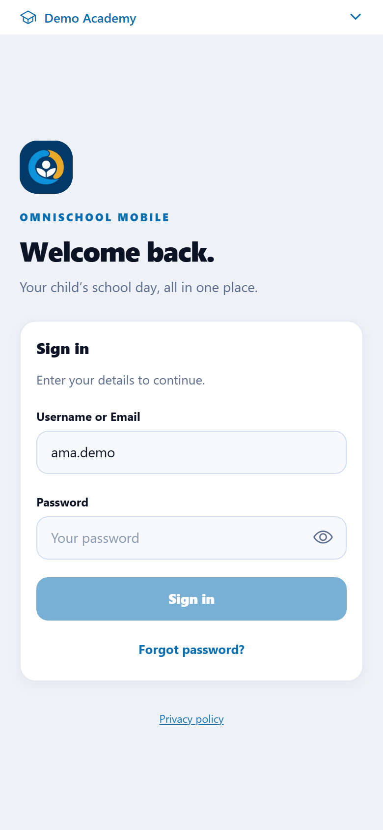 OmniSchool mobile sign-in screen with a fictional parent username