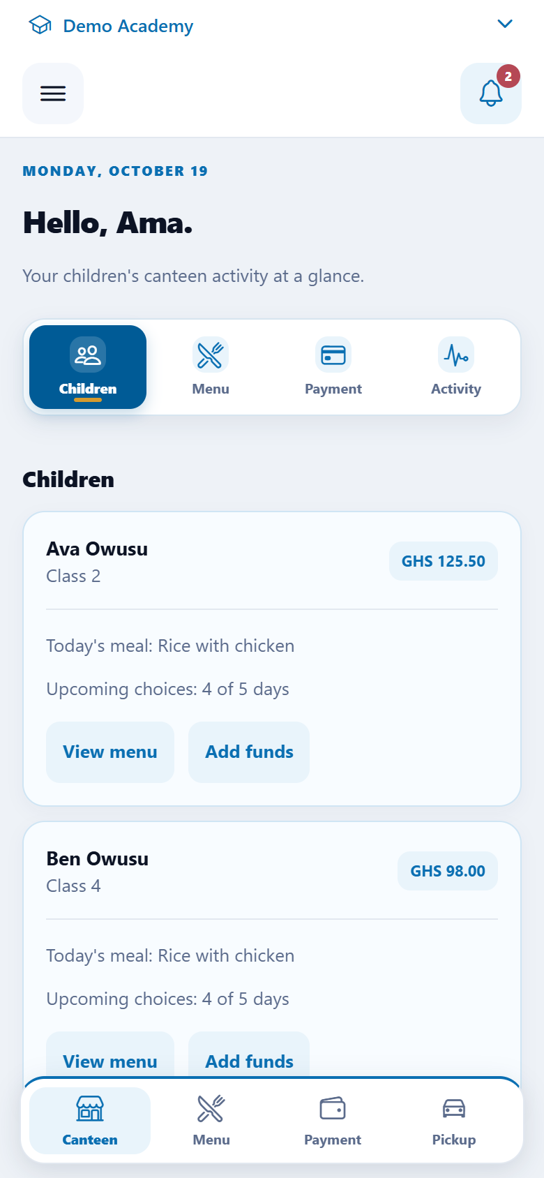 OmniSchool Canteen dashboard showing two fictional children and their balances