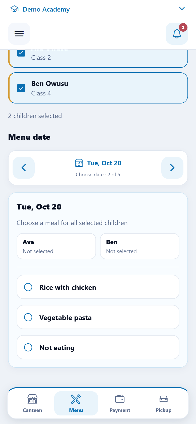 OmniSchool Ward menu screen showing a meal choice for fictional children