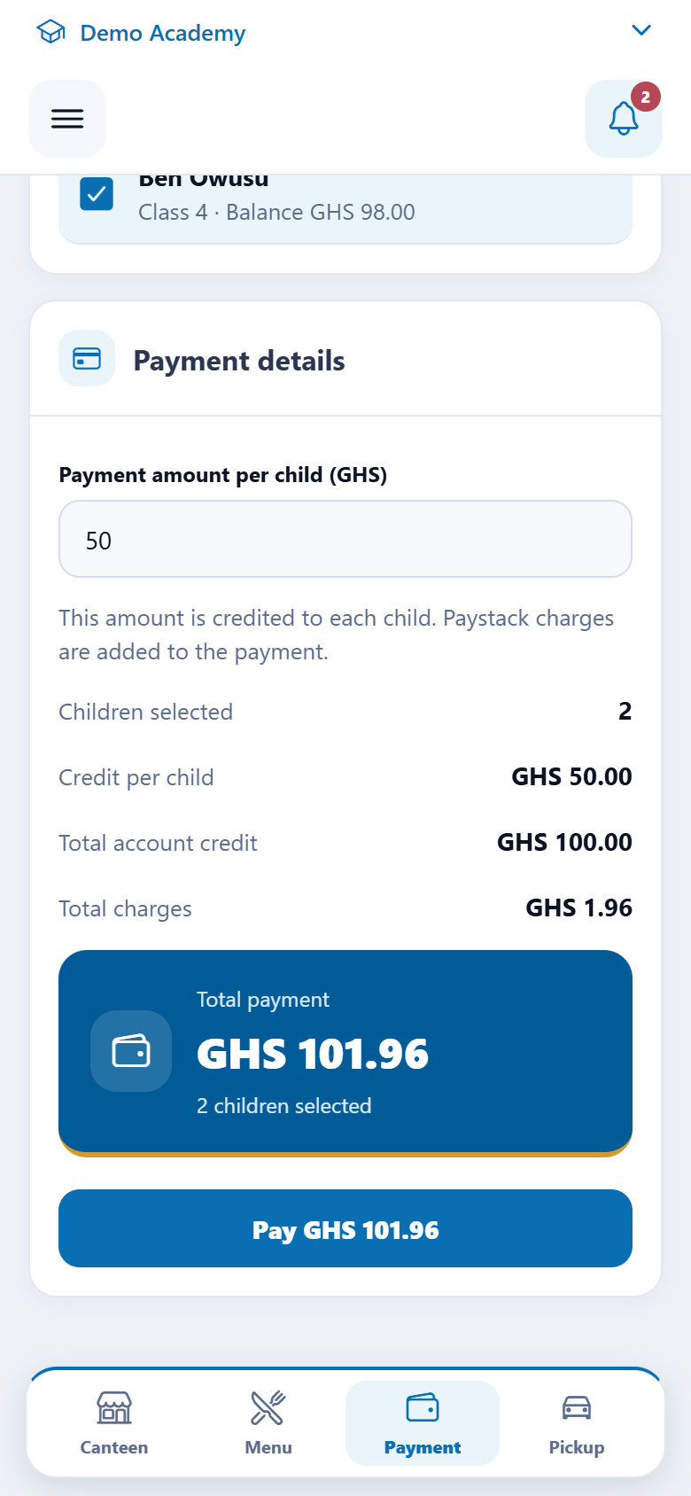 OmniSchool mobile payment summary showing example account credits, charges and a total