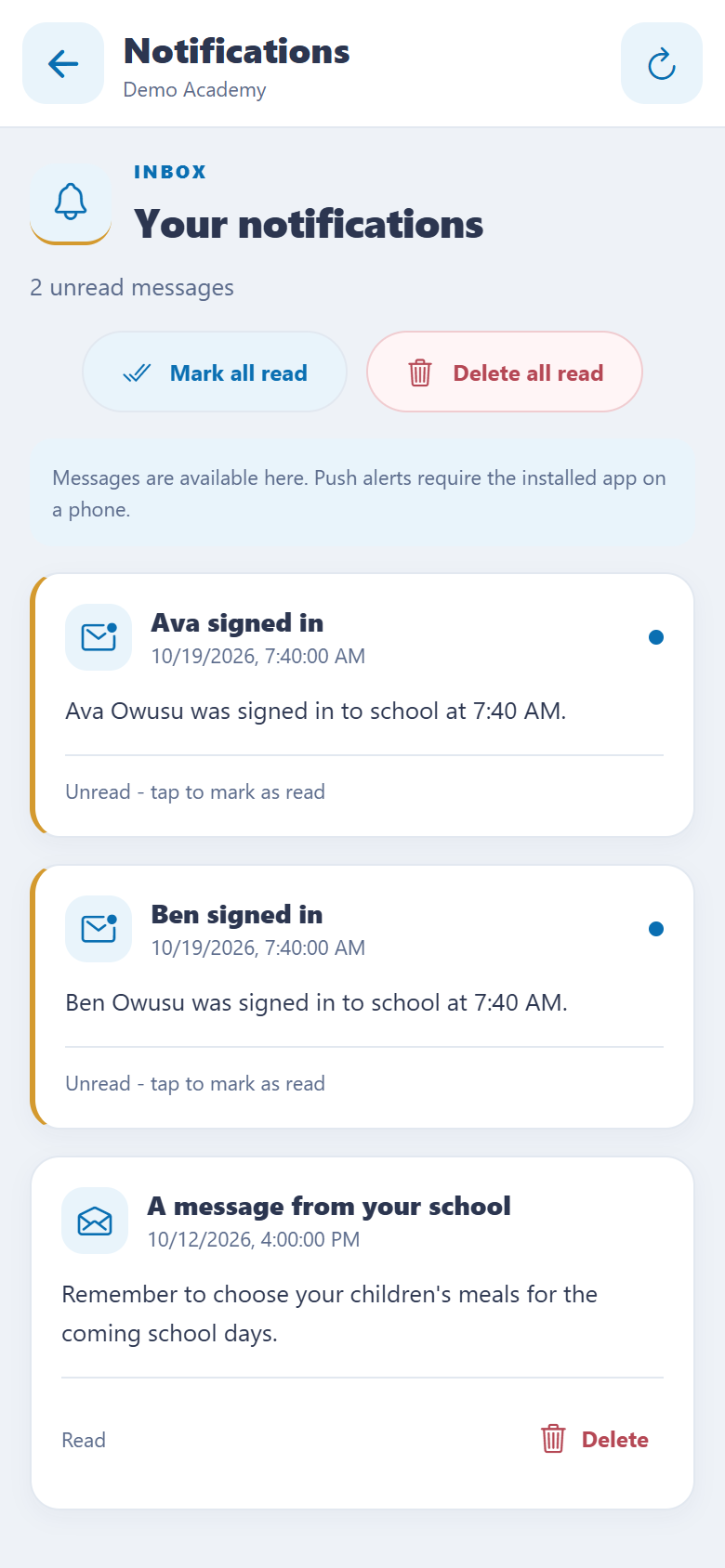 OmniSchool notification inbox with fictional school arrival messages