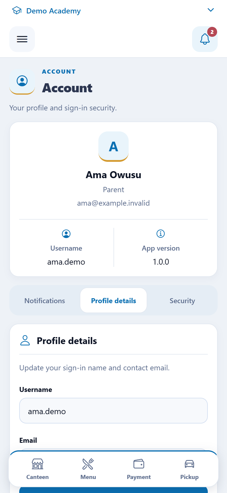 OmniSchool Account settings screen with a fictional parent profile